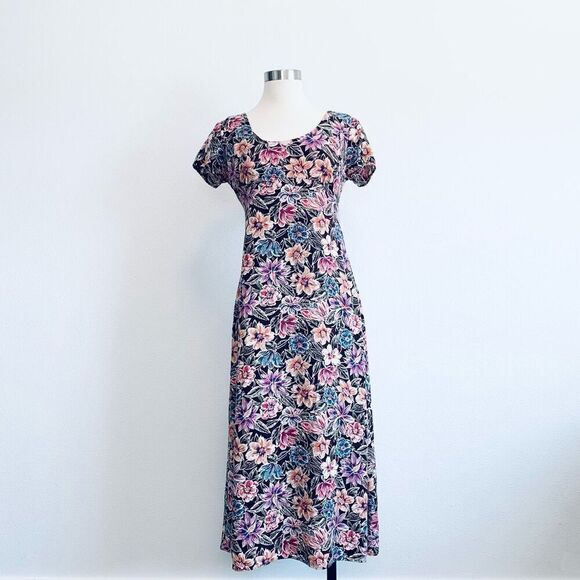 Vintage Floral Maxi Dress S Grunge Retro 90s Scoop Short Sleeve Tie - Picture 2 of 8